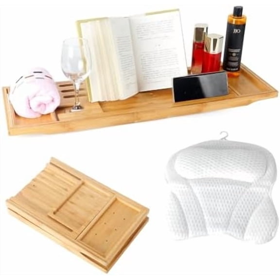 Bathtub Tray Table and Bath Pillow, Expandable and Foldable Bath Caddy Tray for Tub, Luxury Bathtub Accessories$$Home Decor, Kitchen, & Other