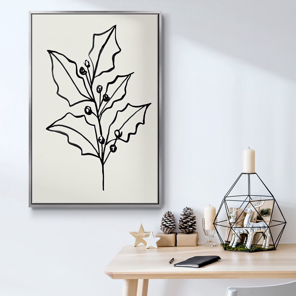 Evergreen Ink I - Framed Gallery Wrapped Holiday Canvas - 17 x 25 - Silver Frame