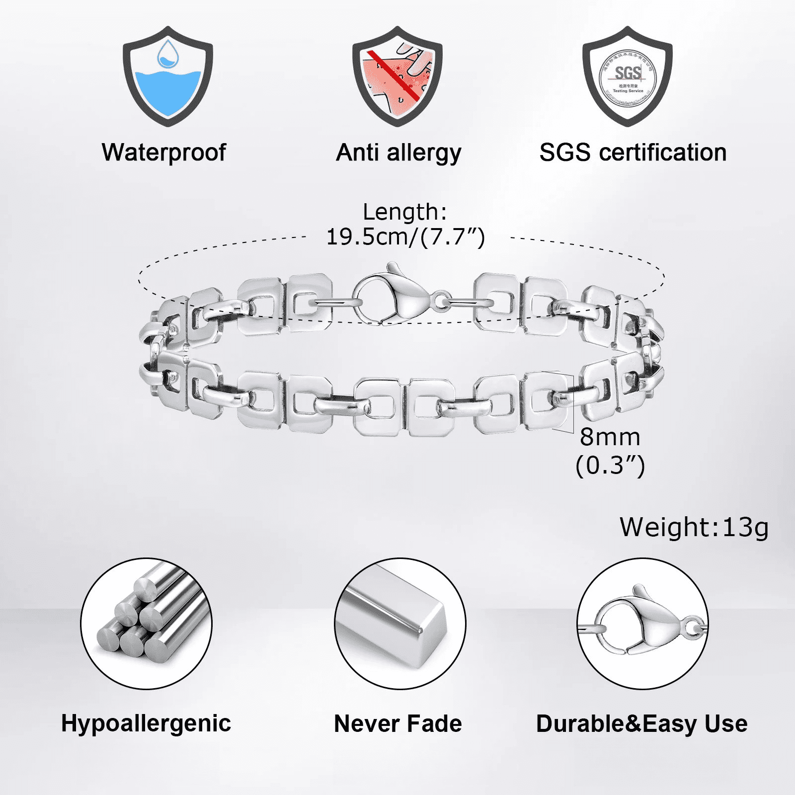 Casual Chain Bracelets for Men Boys,14K White Gold Waterproof 8 Chain Link Wristband with Lobster Buckle,Punk Jewelry Gift