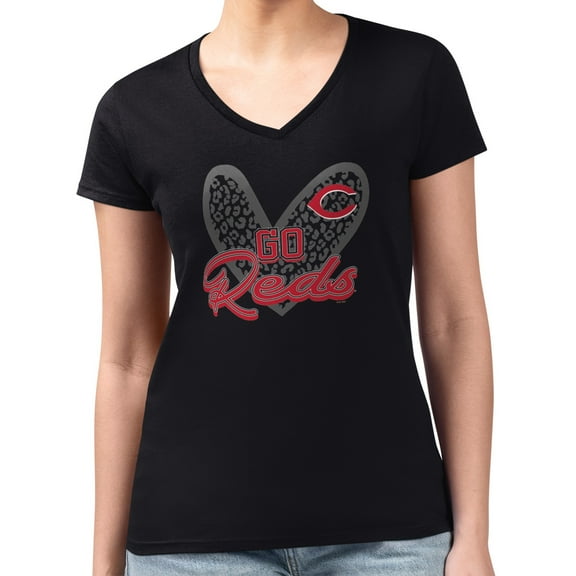 Women's G-III 4Her by Carl Banks Black Cincinnati Reds Leopard Heart Fitted V-Neck T-Shirt