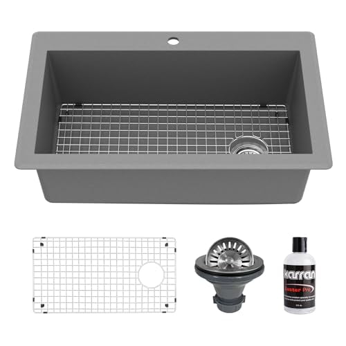 Karran QT-670 Drop-In Quartz Composite 33 in. 1-Hole Single Bowl Kitchen Sink Kit in Grey