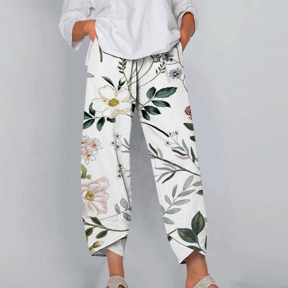 Linen Pants Women Summer 2023 Fation Loose Womens Elastic Waist Buttons Printing Thin Stretch Skinny Pants Trousers High Wiast Plus Size Pants for Women