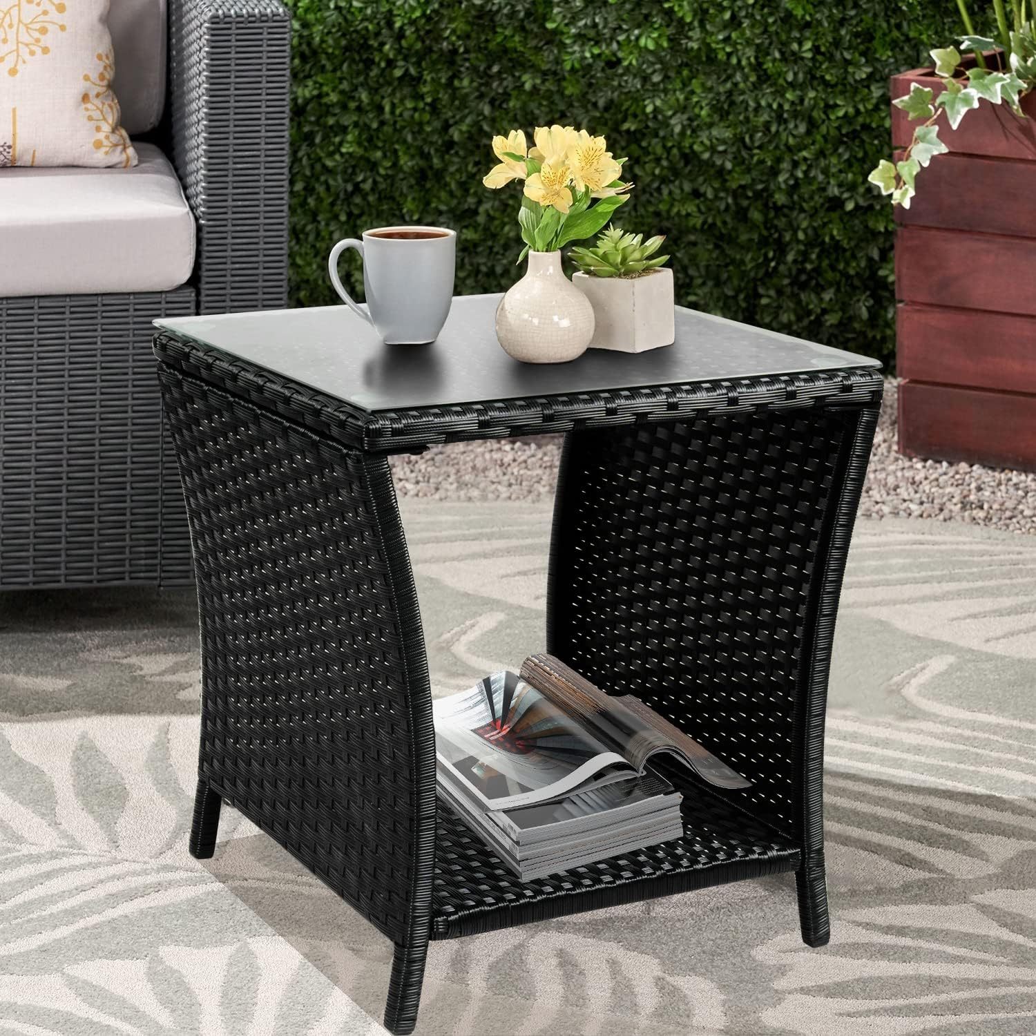 Bilot Patio Wicker Side Table Small Outdoor Square Coffee Table All