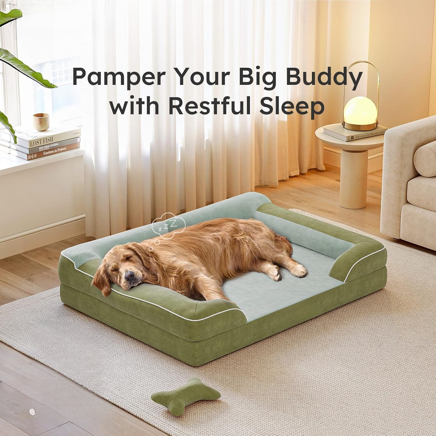 XXL Dog Bed for Extra Large Dogs, Giant Orthopedic Dog Bed with Cooling Gel Memory Foam, Waterproof Pet Bed with Removable Washable Cover, 53" Pet Sofa Bed Dutch Velvet with Bone Toy, Dark Green