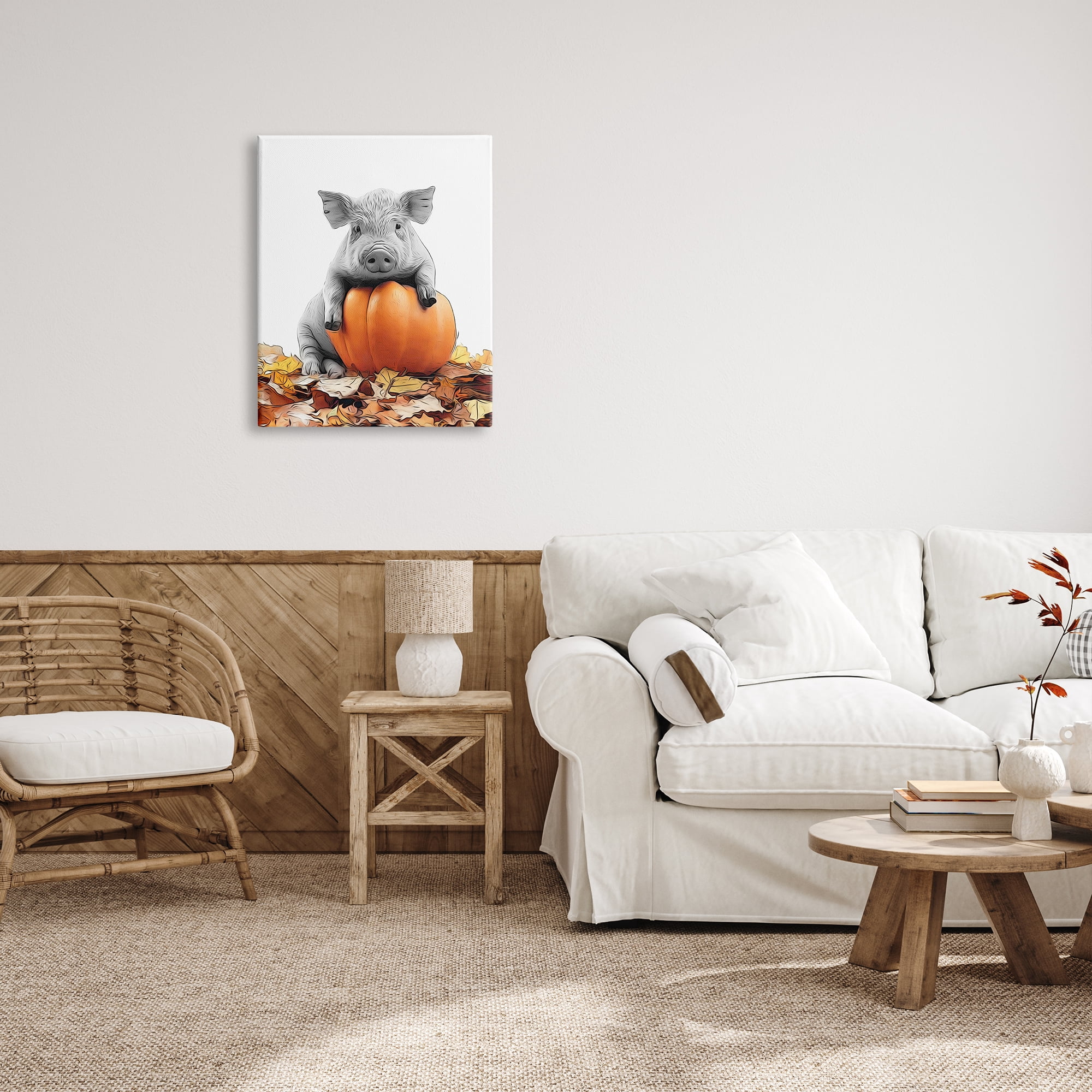 Stupell Industries Pig & Autumn Leaves Holiday Painting Gallery Wrapped Canvas Art Print Wall Art, 24 x 30