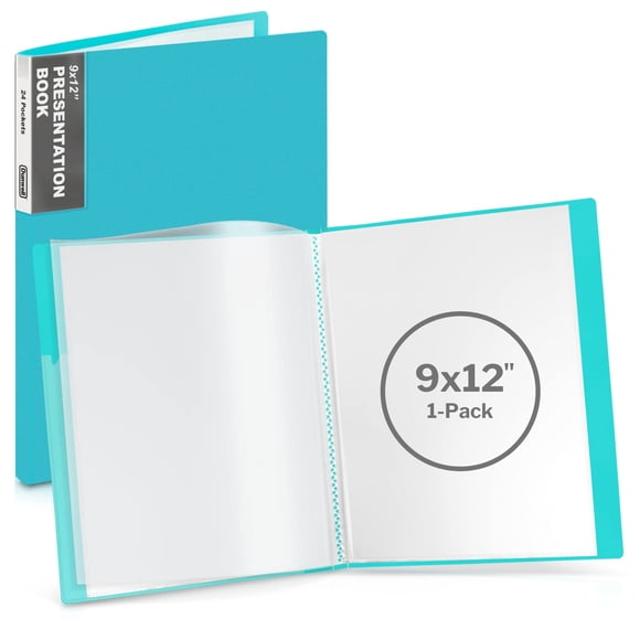 Dunwell 9x12 Presentation Book - (Aqua), 24-Pocket Binder with Plastic Sleeves, Displays 48 Pages 9 x 12 or A4 Certificates, Portfolio, Art Work, Flexible Cover