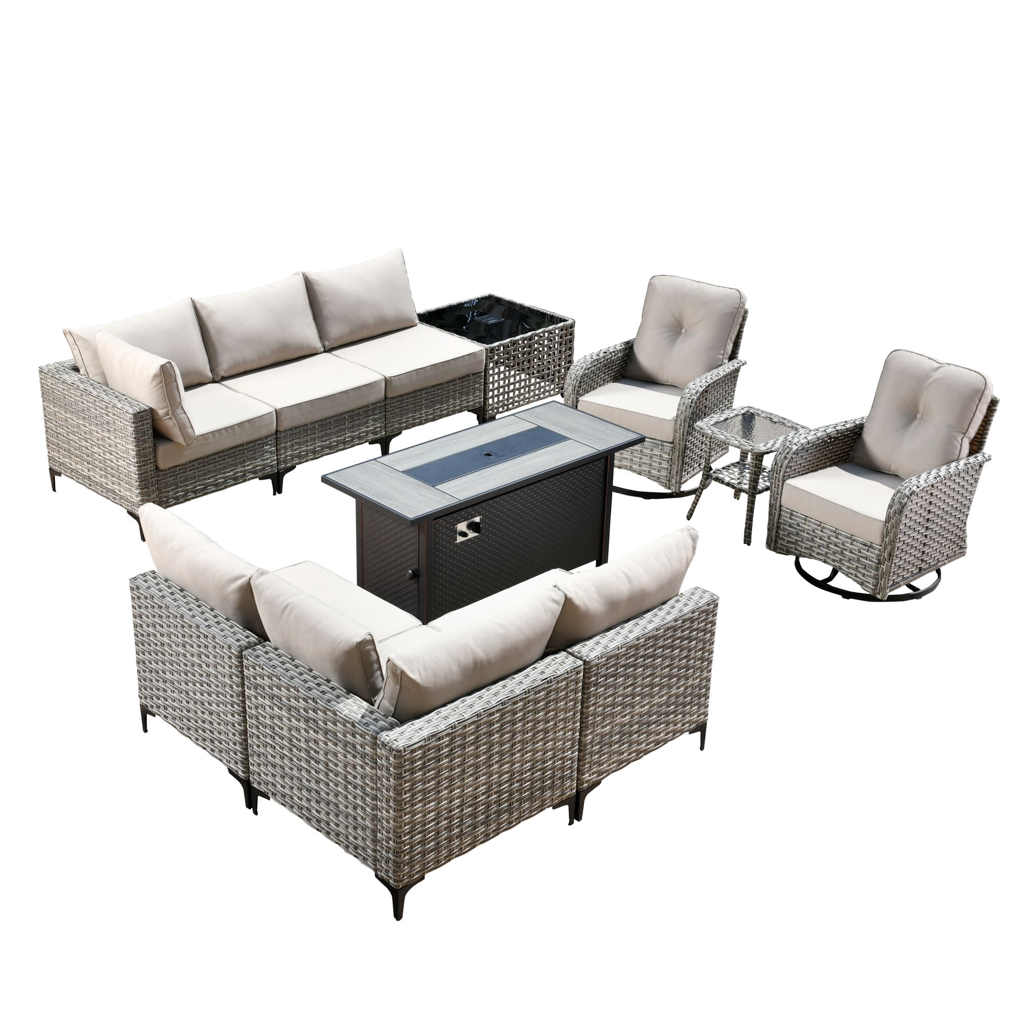 XIZZI 11 Pieces Outdoor Patio Furniture Set All-Weather Wicker Conversation Set Rattan Outside Sectional Sofa with Fire Pit Table & Swivel Rocking Chairs for Garden, Beige