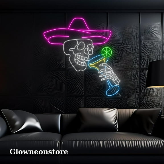 Glowneon Skull Cowboy Drinking Neon Sign, Skull Cowboy Drinking Led Sign, Cocktail Bar Led Neon