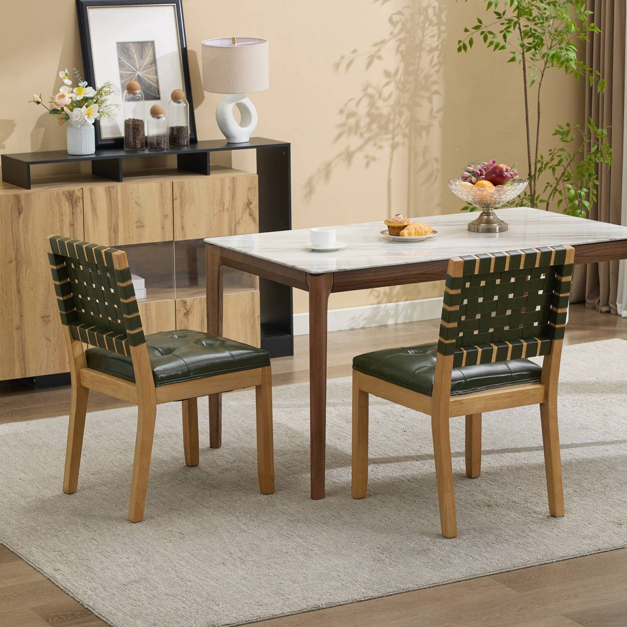 GDF Studio 22" Dining Chairs Set of 2 with Woven PU Leather Back & Button-Tufted Seat, Hunter Green