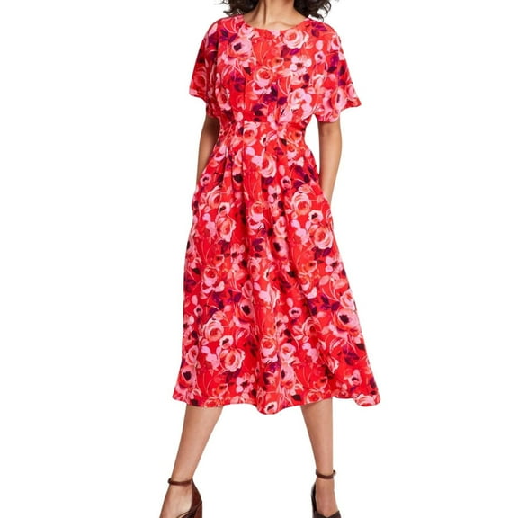 Kensie Womens Floral Print Pintucked Flounce Dress, Red, 6