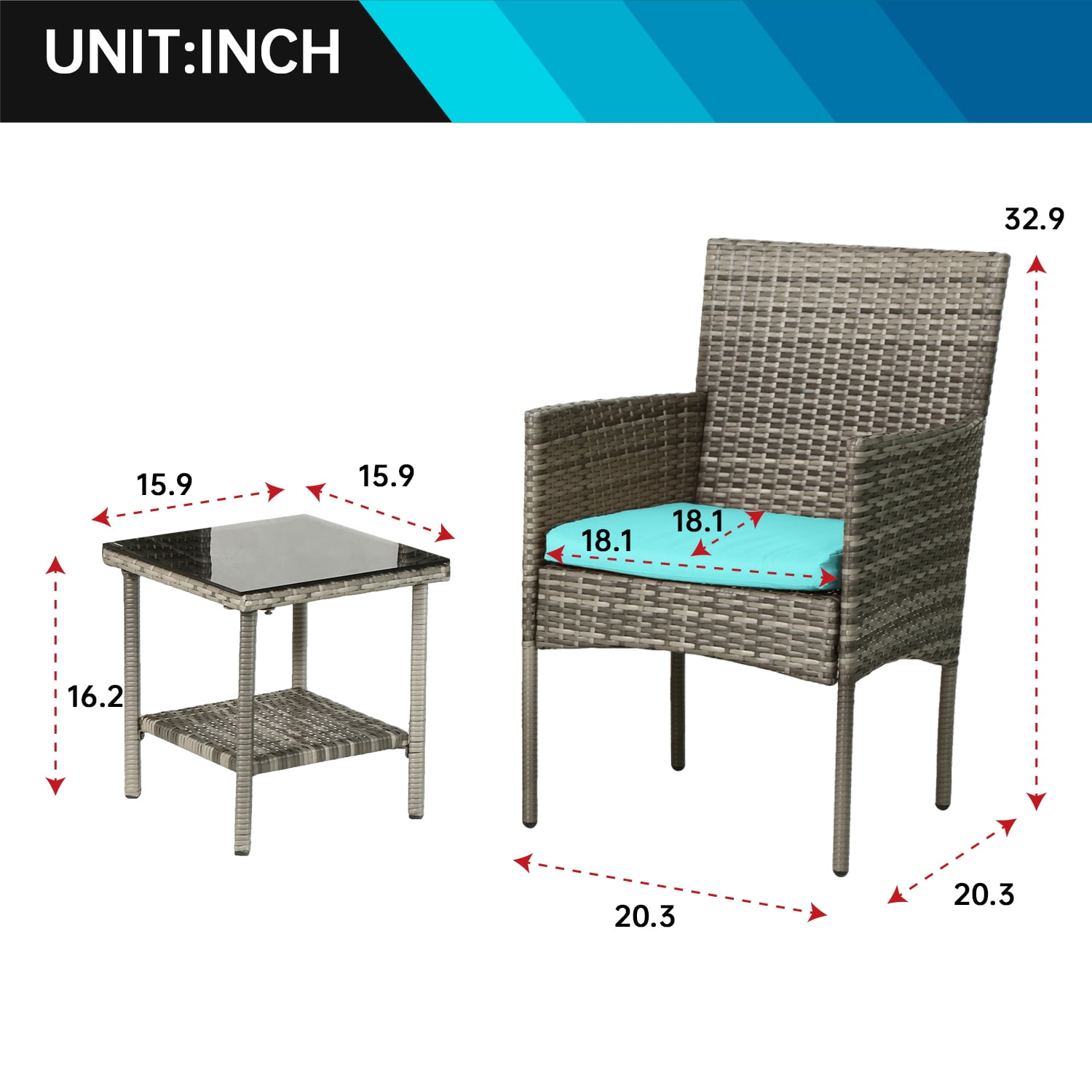 3 Piece Outdoor Furniture Set Patio Gray Wicker Chairs Furniture Bistro Conversation Set 2 Rattan Chairs with Blue Cushions and Glass Coffee Table for Porch Lawn Garden Balcony Backyard