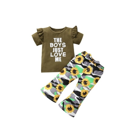 

KuriozudGirls Letter Short Sleeve Tee shirt and Sunflower Trumpet Pants Set