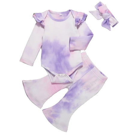 

Fesfesfes Baby Romper Jumpsuit Kids Girls Fashion Tie-dye Rompe+Flower Pants+Bowknot Outfits Clothes Sets Clearance Under $10