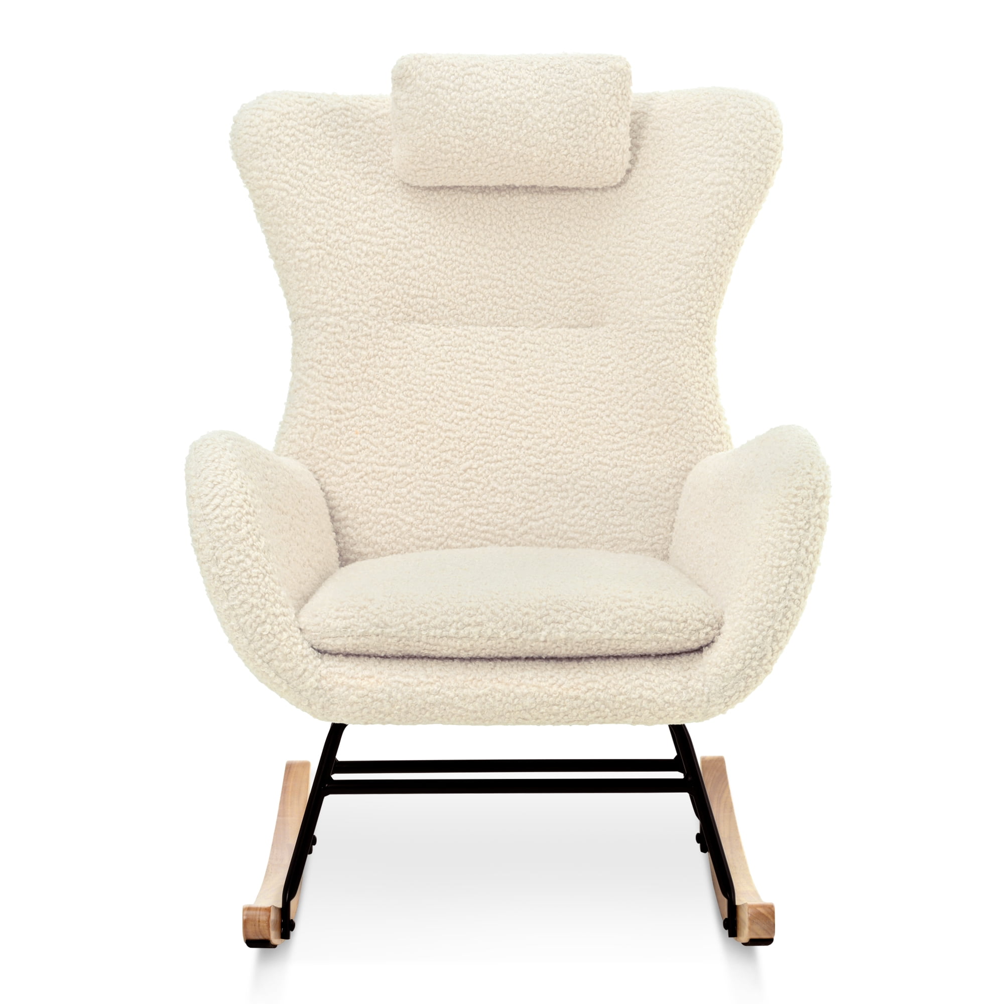 New Rocking Chair Nursery, Teddy Upholstered Rocker Glider Chair with High Backrest, Adjustable Headrest & Pocket, Comfy Glider Chair for Nursery, Bedroom, Living Room, Offices, Rubber wood, beige