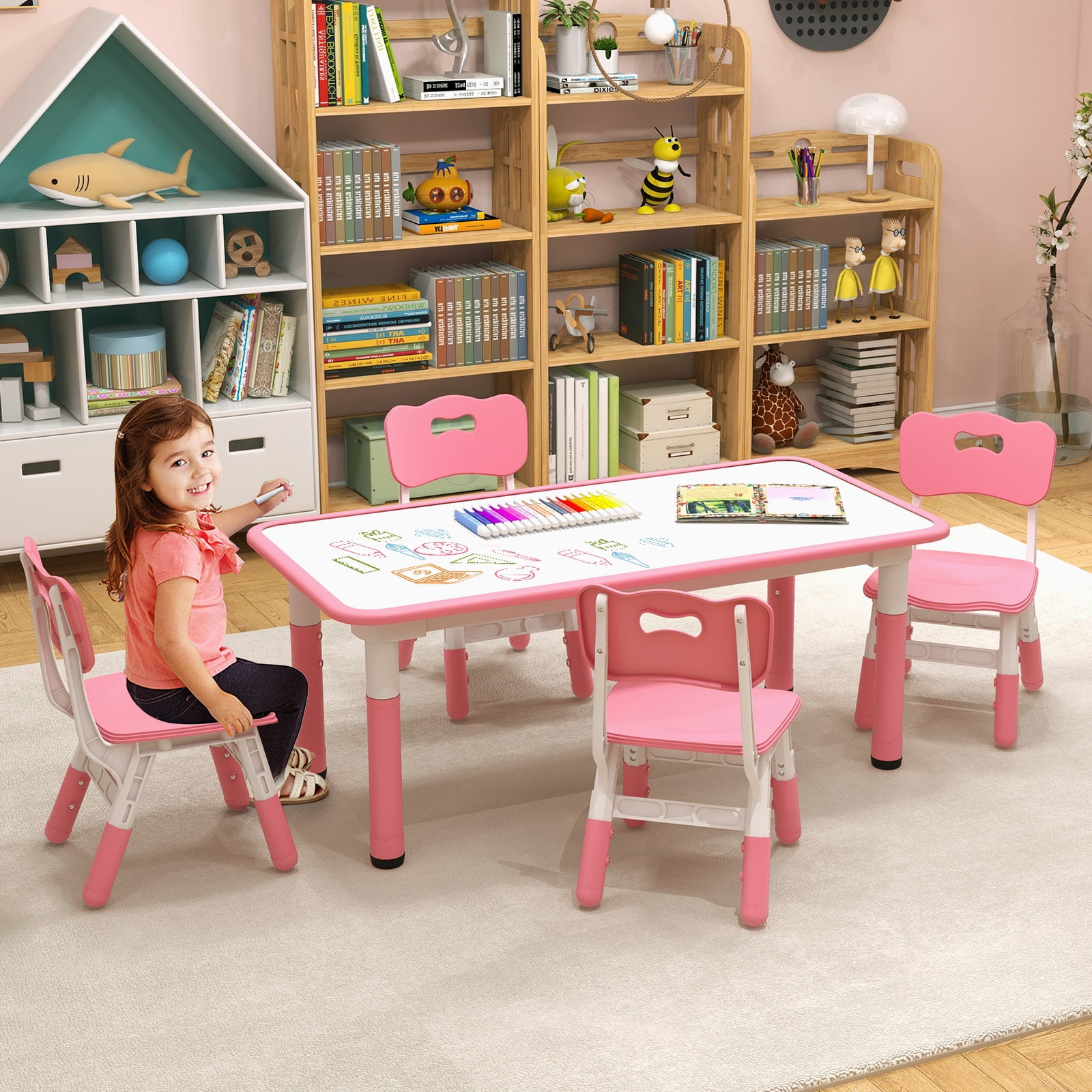 Infans Kids Height Adjustable Table and 4 Chairs Set with Graffiti Desktop Pink