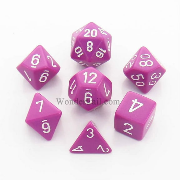 Light Purple Opaque Dice with White Numbers 16mm (5/8in) Set of 7 Dice Chessex