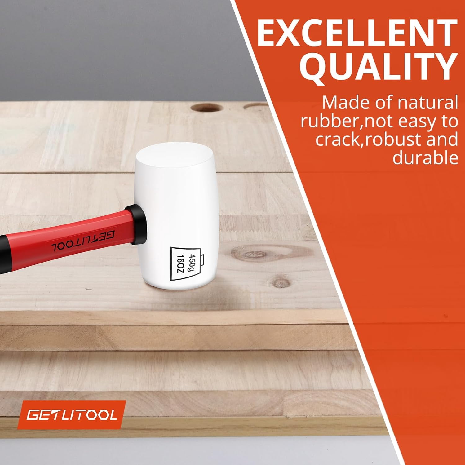 GETLITOOL Rubber Mallet Black/White 16oz, Non-Marking Rubber Mallet Hammer ⌀=55mm with Two Sides, Rubber Hammer with Non-Slip Fiberglass Handle for Camping, Flooring/Tiles Install, Woodworking