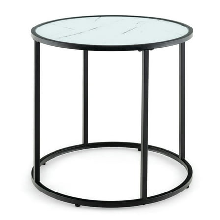 Kepooman End Tables,Side End Table,Nightstand,20 Inch Glass End Table with Metal Frame and Faux Marble Glass Top-Black and White