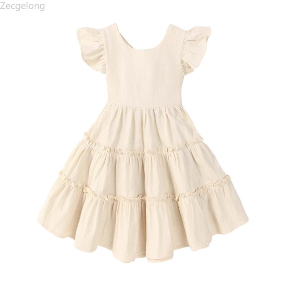 Zecgelong Girls Summer Dresses Casual A Line Toddler Dress With Elastic Waist For Outdoor Play And Daily Wear Girls Summer Dresses Size 3-4 Years Beige