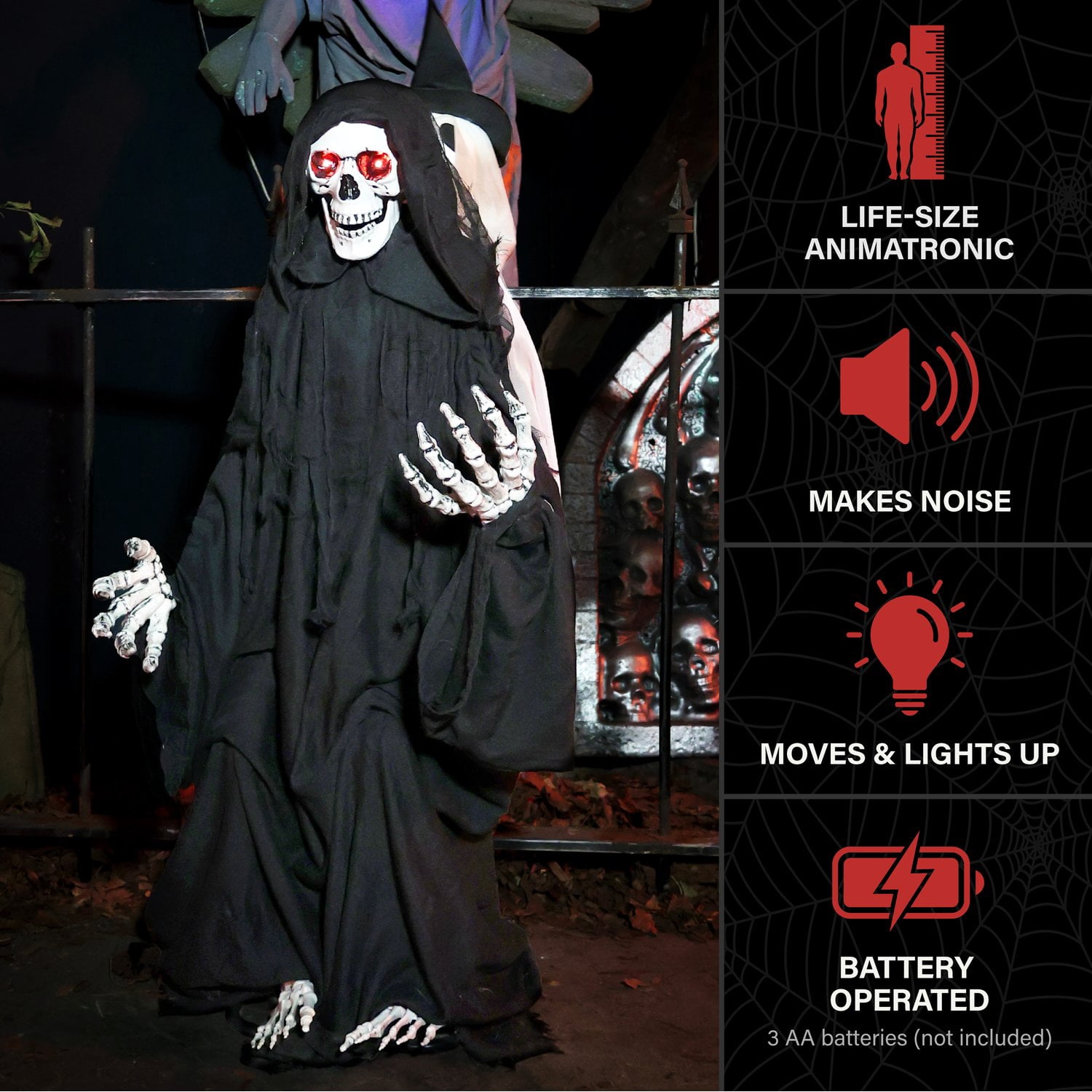 Haunted Hill Farm Red LED Battery Reaper with Hide and Seek Ghost Halloween Animatronic 3.9-Ft.