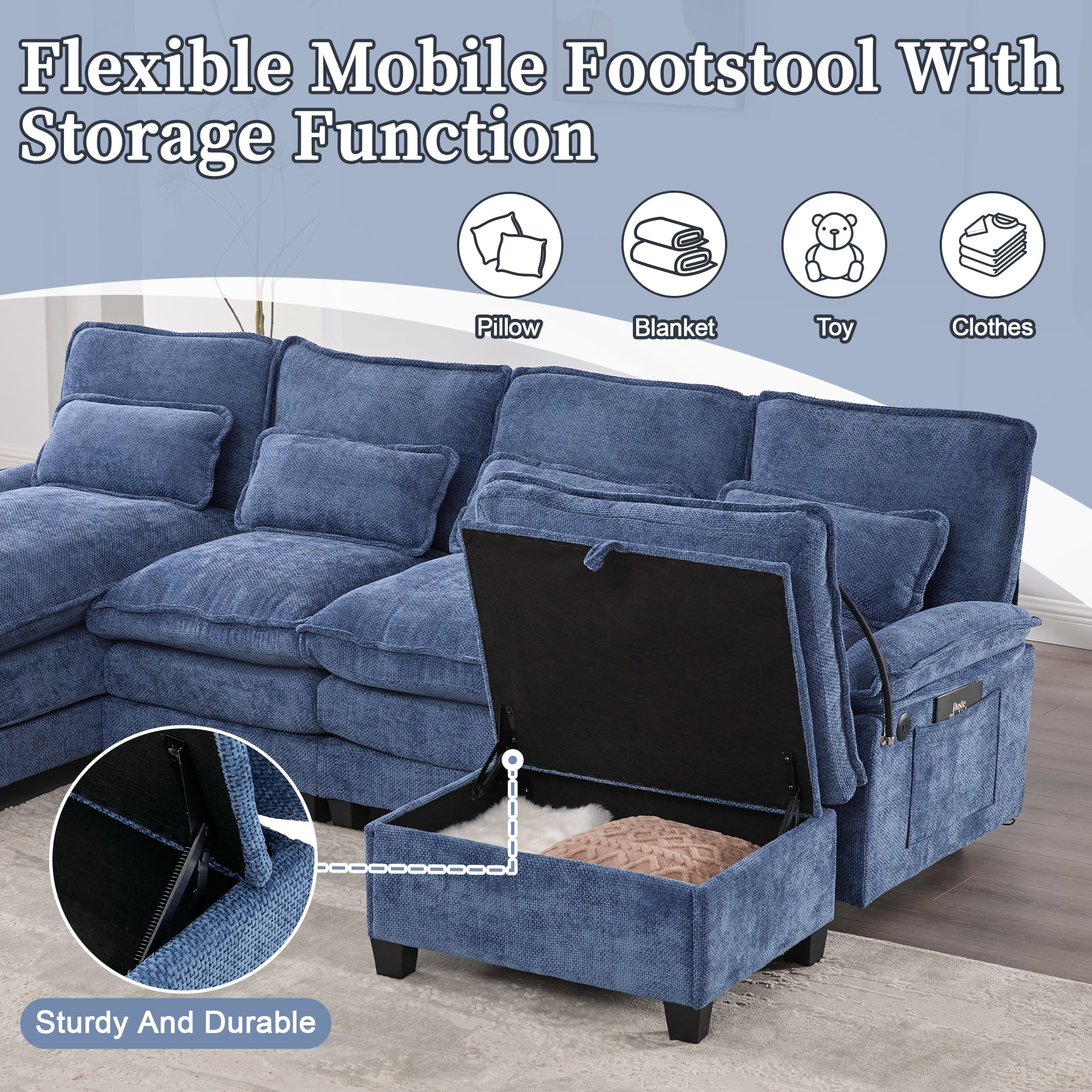 MOONMISS Chenille Upholstered Oversized U-shaped Comfy Modular Sectional Sofa with Storage Ottoman-Navy Blue
