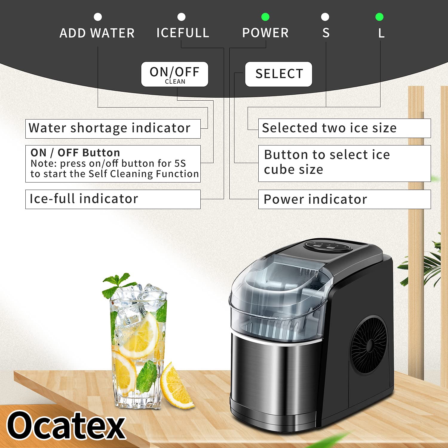 Ocatex Countertop Ice Makers Machine - 26LBS/24H Ice Cube Maker Portable Self Cleaning Ice Machine (Classic Black)