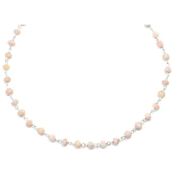 Sterling Silver Pink Opal Necklace Faceted Beaded Silvertone Chain Beaded Link Dainty, 18" Designed for Adult Women