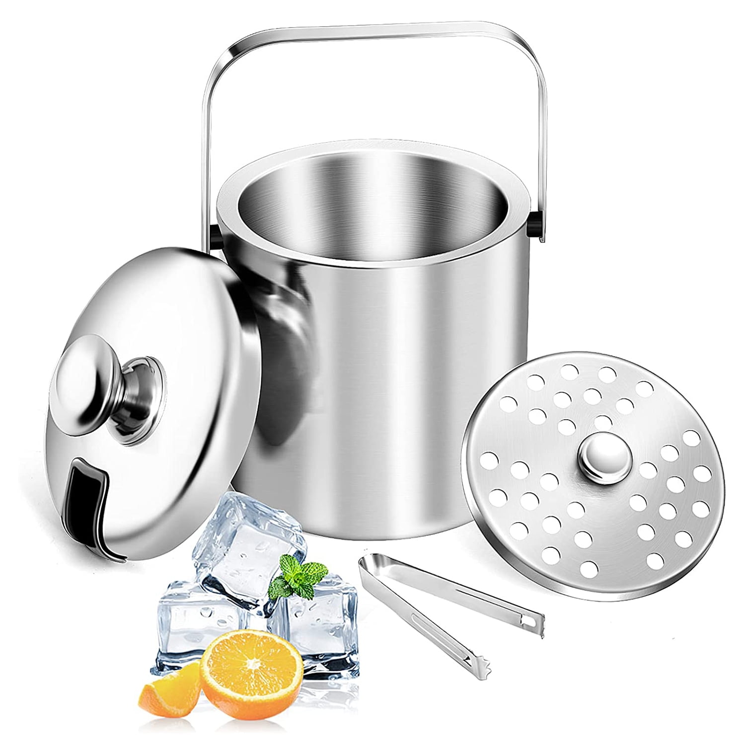 Stainless Steel Bar Ice Holder Double Wall Insulated Ice Cube Container with Lid and Tongs 1.3L Ohomr Ice Bucket 