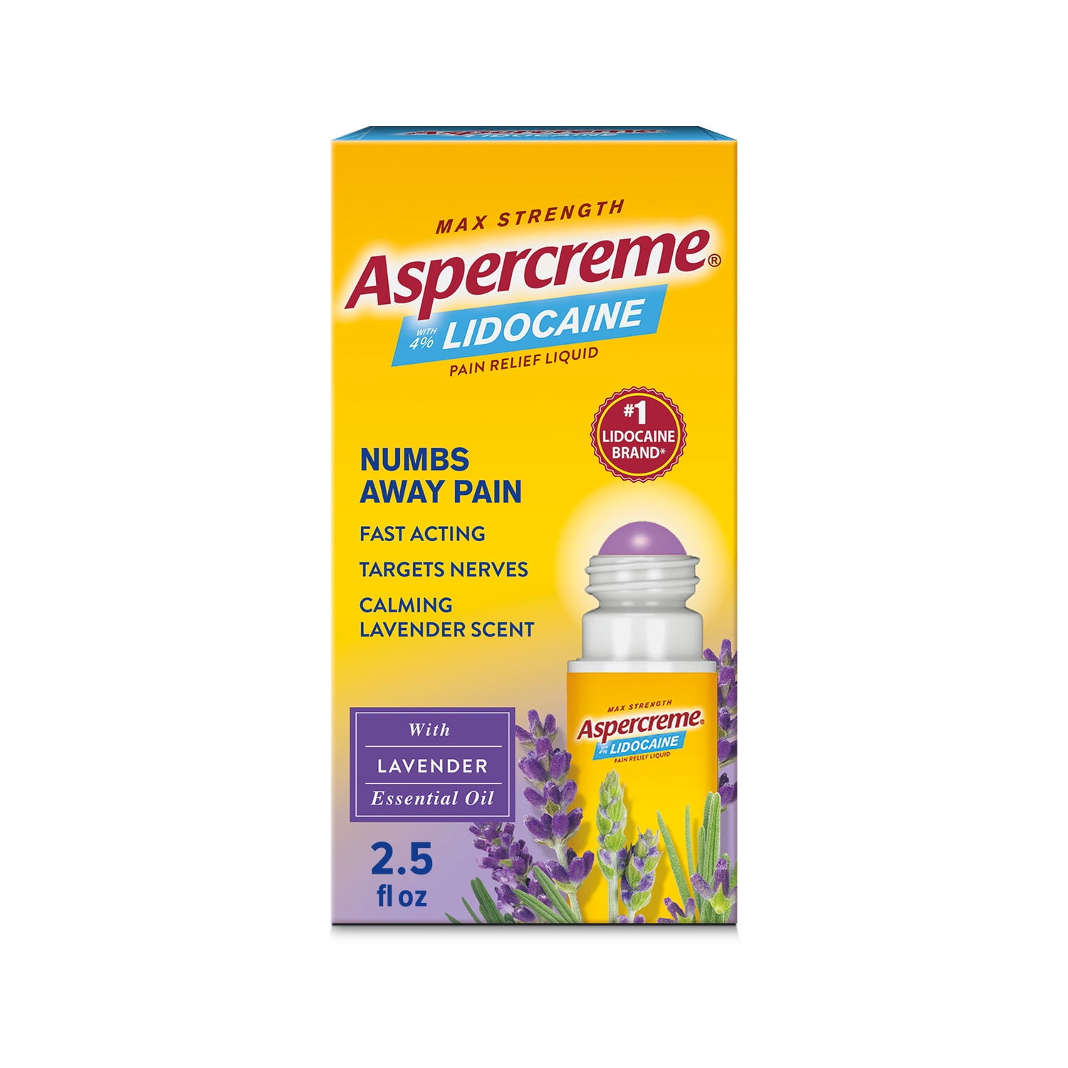 (2 pack) Aspercreme Max Strength Topical Numbing Pain Reliever Roll-on Liquid, 4% Lidocaine, Lavender, 2.5 fl oz