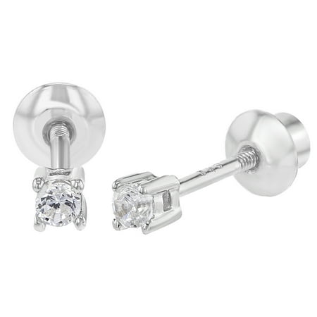 925 Sterling Silver Baby Earrings Screw Back Girls Children's Clear CZ 2mm
