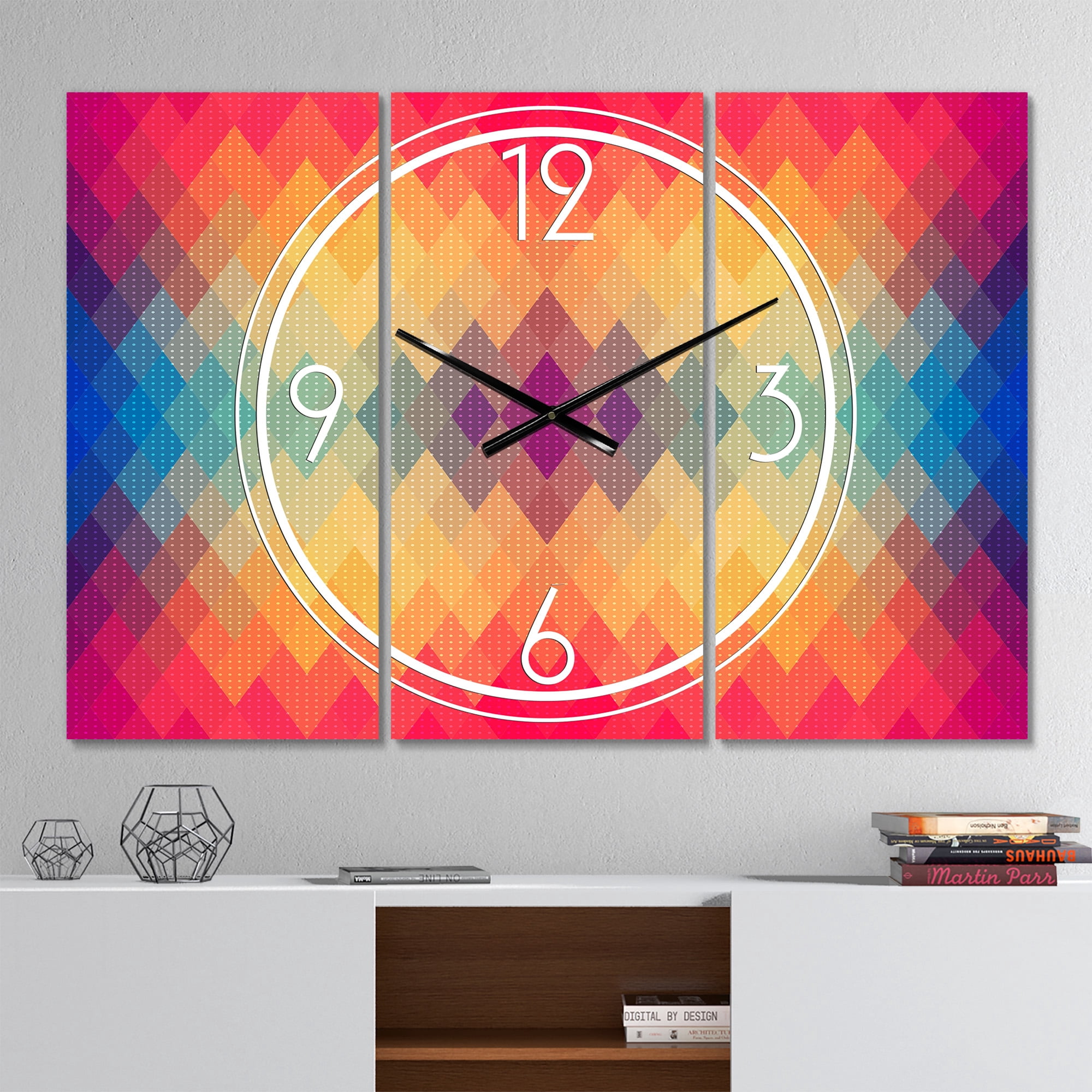 Colorful Geometric Pattern' Modern & Contemporary 3 Panels Oversized Metal Clock