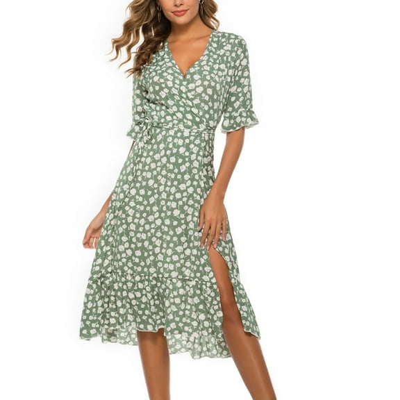 Patlollav Womens Dresses Summer Casual Print Dress V-Neck Short Sleeve Loose Dress