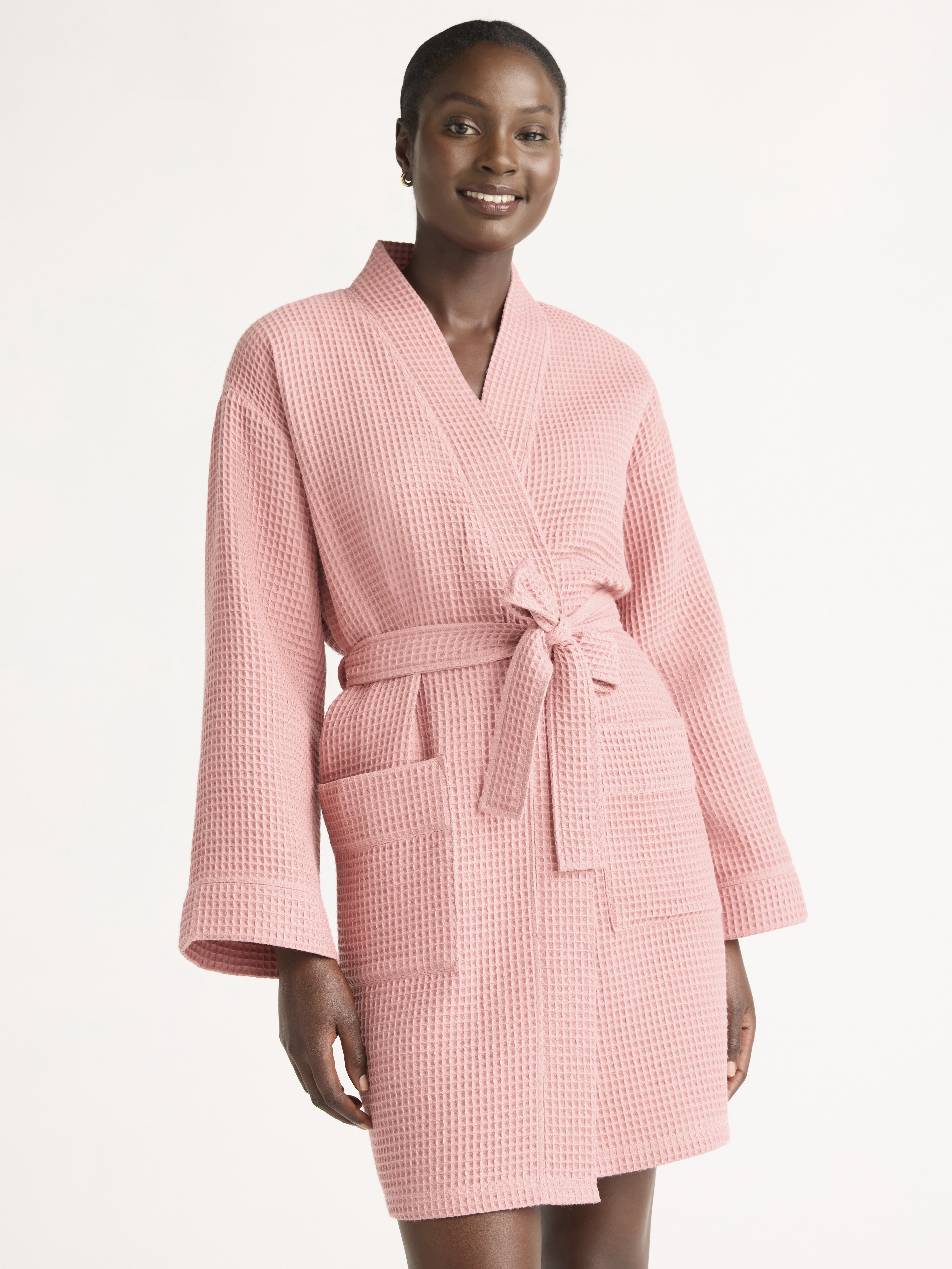 Joyspun Women's Waffle Kimono Short Wrap Robe, Size S-3X