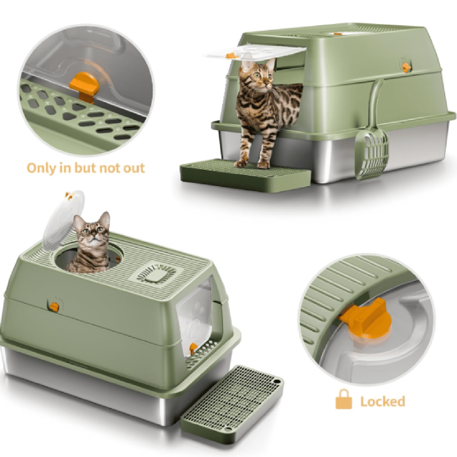 Stainless Steel Cat Litter Box with Lid, XL Large Enclosed High Sided Litter Box with Removable Lid, Carbon Filters -Odor Free, Easy Cleaning, Anti-Urine Leakage for Big Cats -Green
