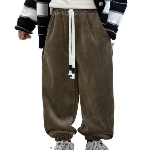 IFNWSV Boys Sweatpants Double Sided Fleece Lined Thermal Tapered Leg Drawstring Elastic Waist Winter Long Pants Brown 5-6 Years