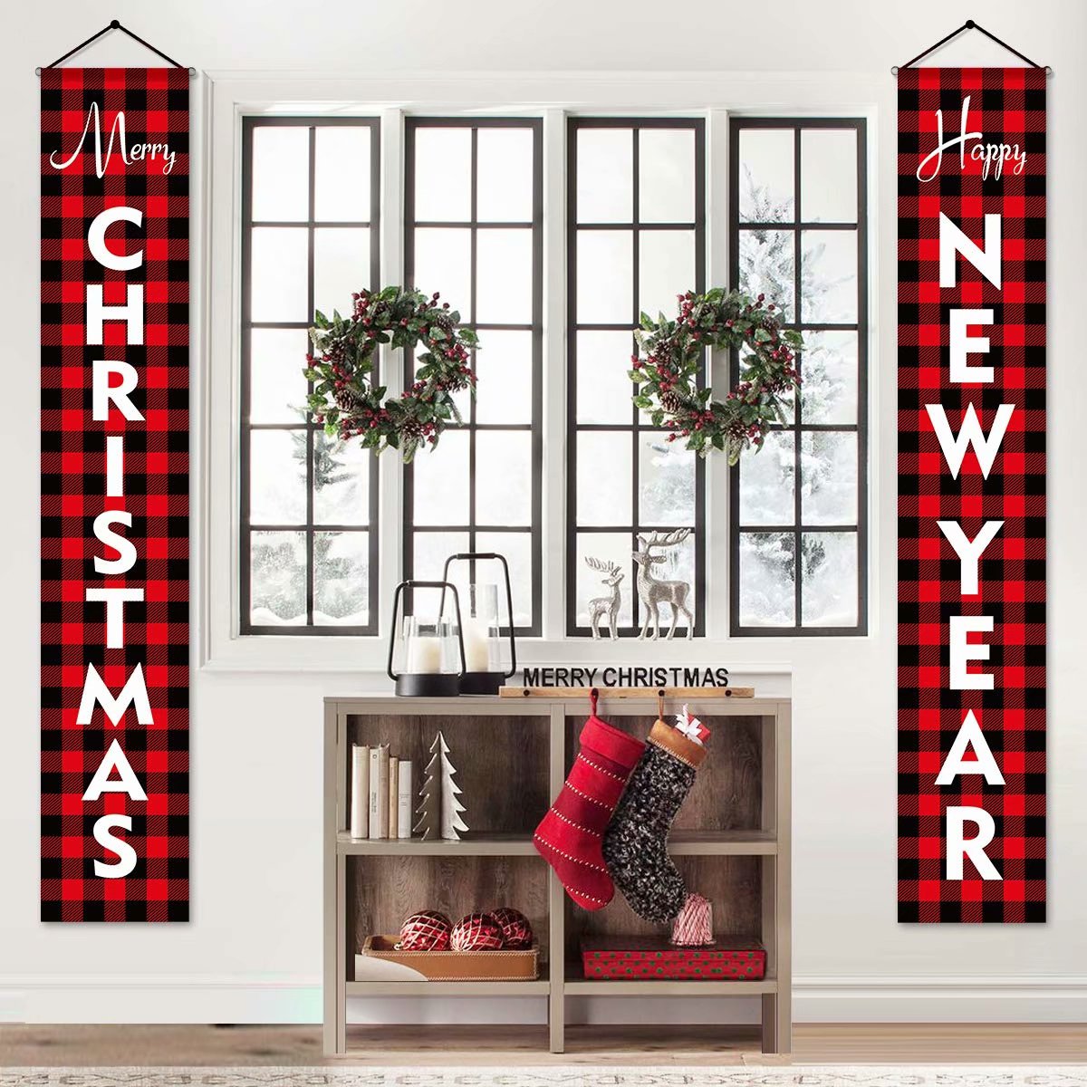 Christmas Decorations for Home - Modern Farmhouse Decor - MERRY CHRISTMAS HAPPY NEW YEAR Red
