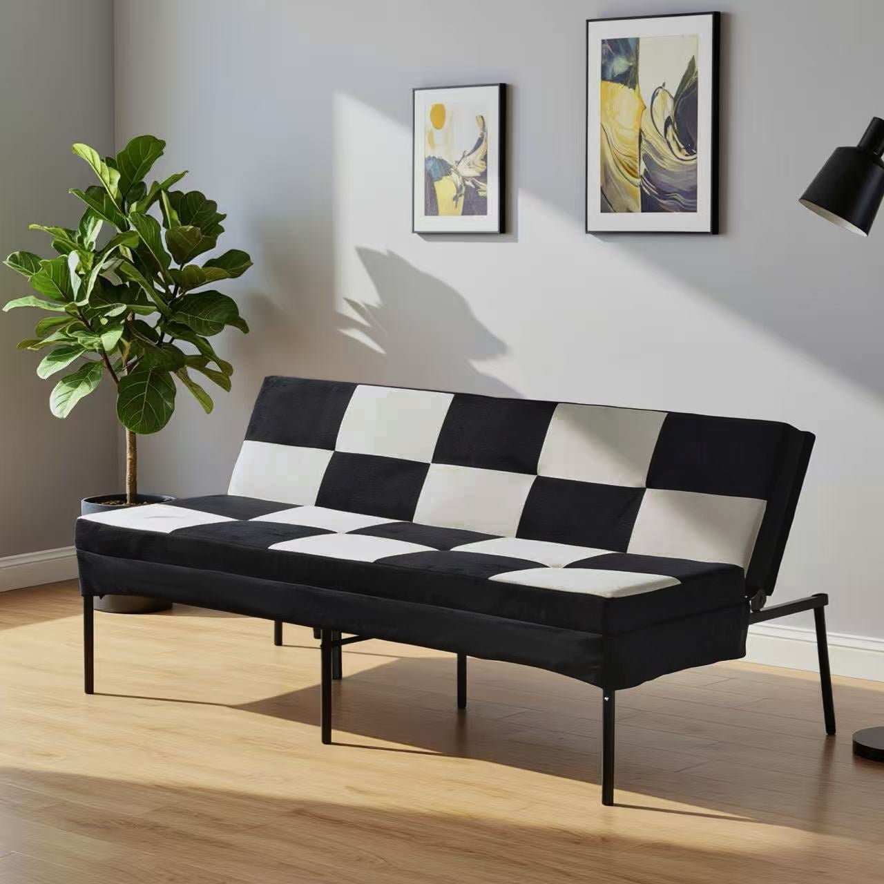 BSHTI 63.39" Velvet Convertible Futon Sofa Bed with 5-Position Adjustable Backrest , Twin Size Couch Sleeper Sofa for Living Room, Bedroom, Dormitory Black&White