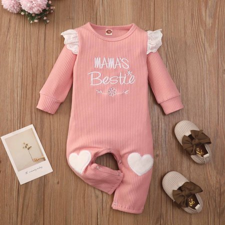 

Juebong Baby Pajamas Spring And Autumn Infant Toddler Baby Flying Sleeves Long Sleeve Embroidered Letters Heart Romper Jumpsuit Bodysuit Baby Romper for 0-3 Months