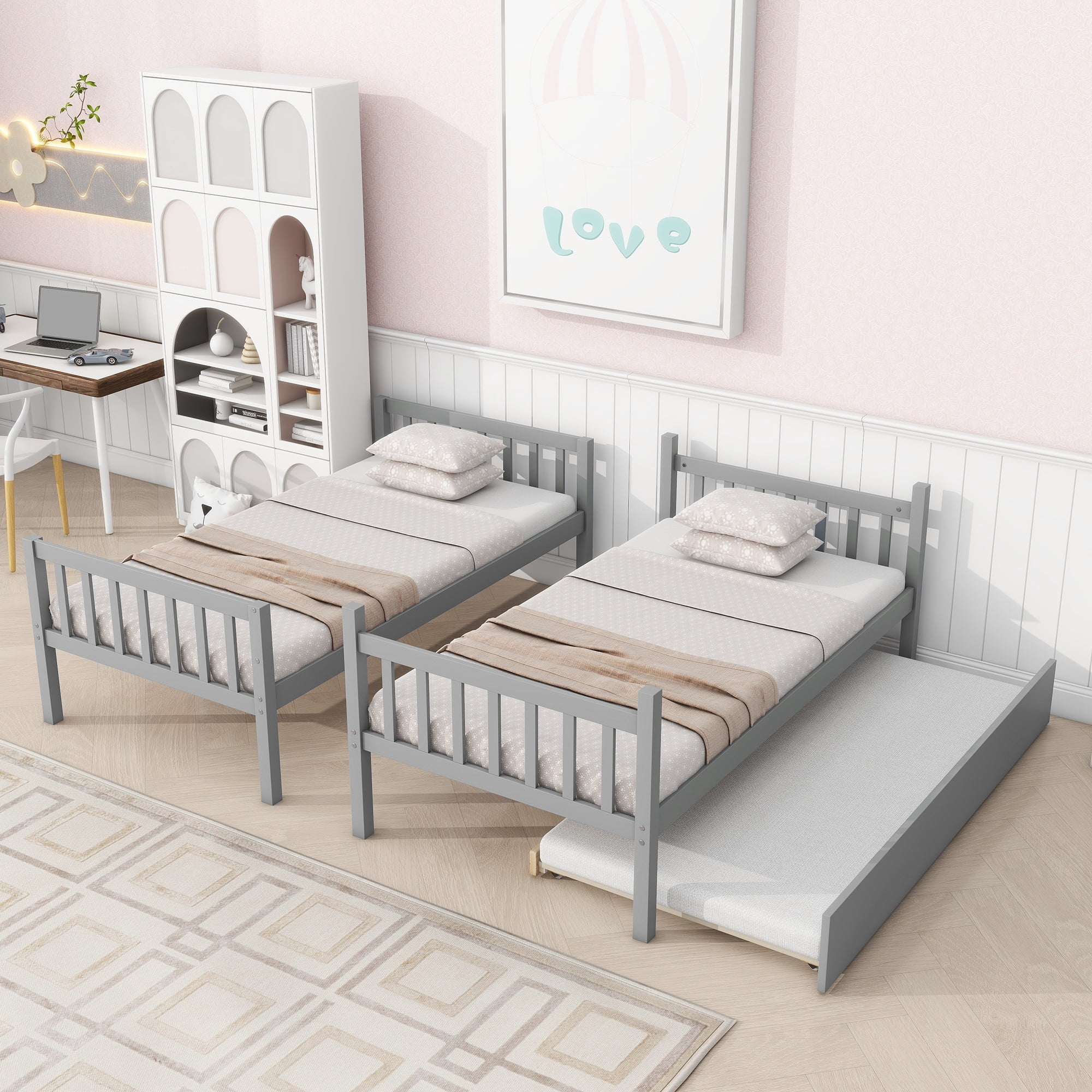 PORKISS Bunk Bed with Trundle, Twin Over Twin Bunk Bed Frame Can Convertible 2 Platform Bed, Wood Bunk Bed Built-in Ladder for Kids Teens Adults, Grey