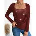 thumbnail image 4 of YYDGH Women's Draped Cowl Neck Ruched Front Tops Rhinestone Sparkly Long Sleeve Blouses Dressy Causal Slim Fitted Shirts Wine L, 4 of 7