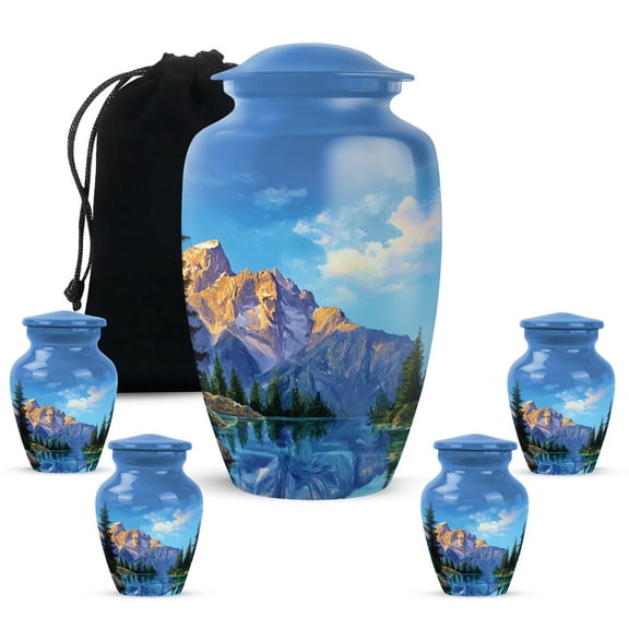 MUKTIVE Mountain Cremation Urns for Adult Ashes Women, River Burial Urns for Adult Male 1 Large 4 Keepsake, Memorial Blue Urn for Ashes for Women, Handmade Cloud Theme Urn, 10 & 3 Inch