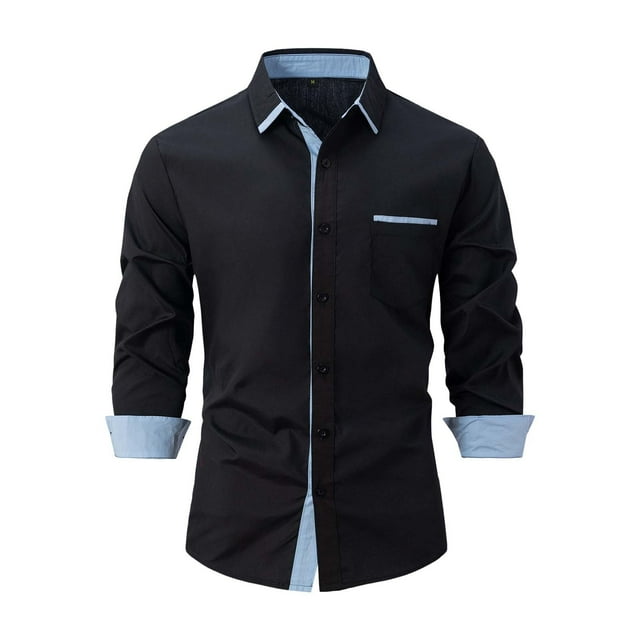 WTXUE Button-Up Shirts Long Sleeve, Notch Neck Shirts for Men Spring Fall Shirts Lapel Buttons Shirt Tops Cardigan Patchwork | Workwear for Men Black M