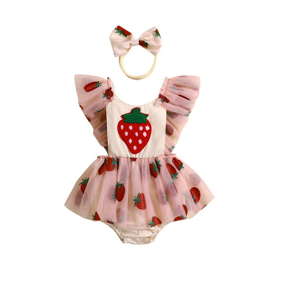 Musuos Baby Girl Summer Outfit, 3 6 121 8Months Strawberry Embroidery Fly Sleeve Romper Dress Bow Headband 2 Piece Set