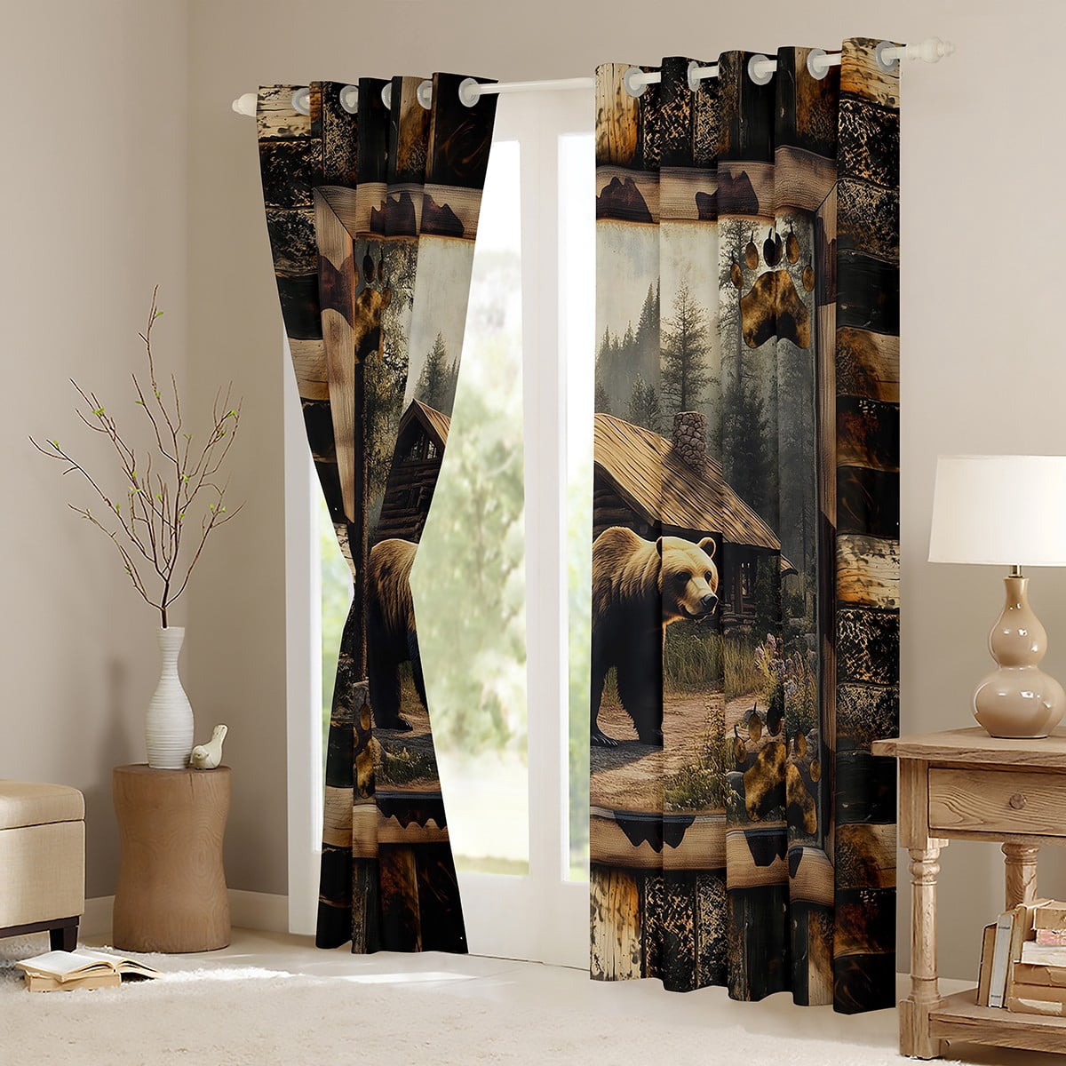 jejeloiu Jungle Wildlife Bear Blackout Curtains Set of 2 (52x84 Each),Old Barn Door Window Curtains,Rustic Farmhouse Cabin Curtains and Drapes For Boys Kids,Ultra Soft Home Decor