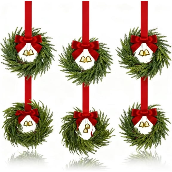JEWLALO 6-Pack Mini Christmas Wreaths for Cabinets, 6 Inch with Red Ribbon and Bells, Small Window Wreath for Window Door Farmhouse Christmas Party Decorations (Green)