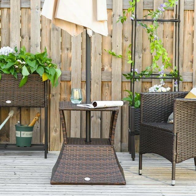 Table Basse en Rotin Brun Mixte avec Rangement et Trou pour Parasol - Table d'Appoint Extérieure de 21,3 Pouces, Cadre en Métal et Osier PE Résistant aux Intempéries pour Patio, Balcon et Salon