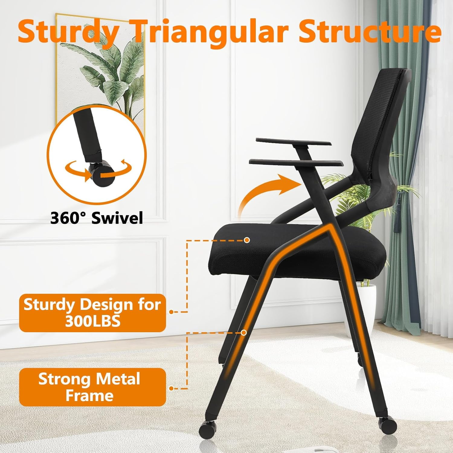 CLATINA Ergonomic Stackable & Foldable Conference Room Chairs, Mesh Office Chair with Arms and Wheels for Office Waiting Room Meeting Black Lobby Church School Receptions and Training Black (4 pk)