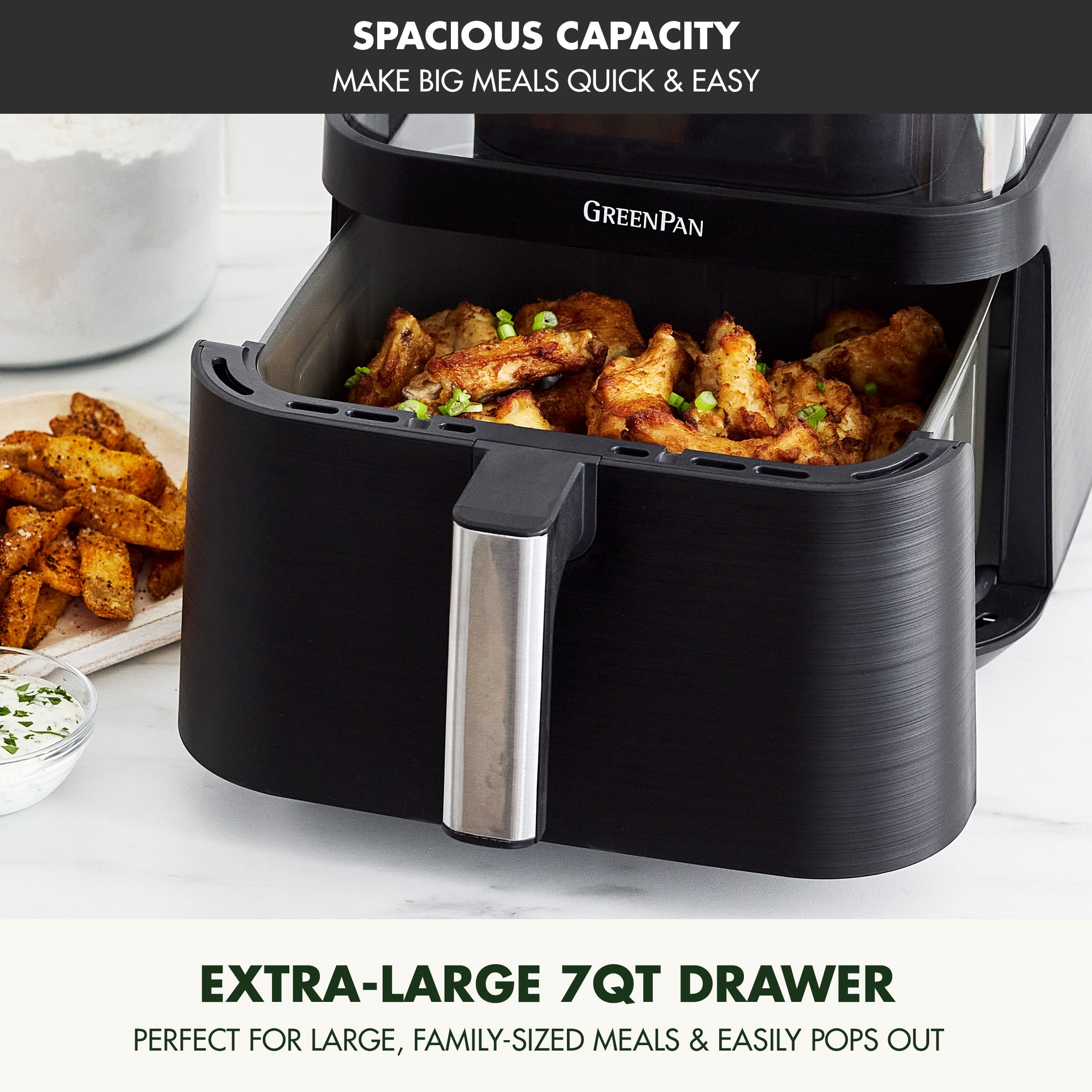 GreenPan Bistro XL 7-Quart 360° Clear View Air Fryer, 13 Presets, Easy to Clean, Nonstick, Black