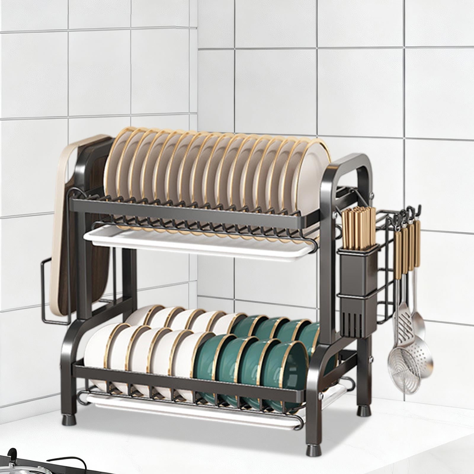 Dish Drying Rack, 2-Tier Dish Racks for Kitchen Counter with Carbon Steel Dishwasher Rack , Sturdy Dish Drainer with Knife, Fork & Plate Rack | Space - Saving Drying Rack Kitchen Gadget