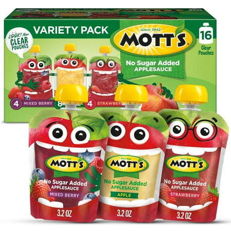 Mott’s No Sugar Added Applesauce Variety Pack, 3.2 oz clear pouches, 16 count